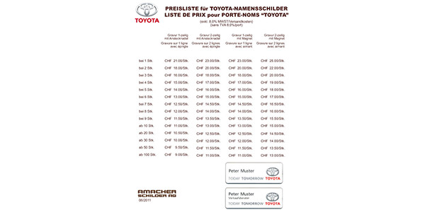 Preisliste Namensschilder Toyota