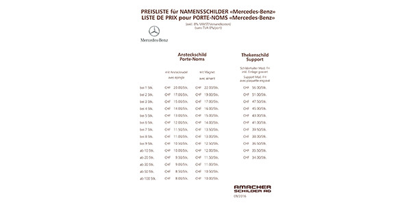 Preisliste Namensschilder Mercedes-Benz