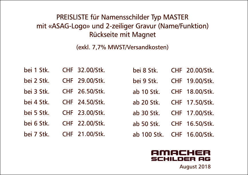 Preisliste Namensschilder ASAG