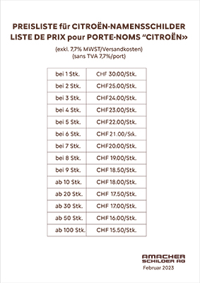 Preisliste Namensschilder Citroen