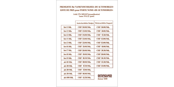 Preisliste Namensschilder DS Automobiles