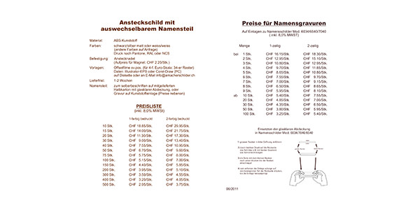 Preisliste Namensschilder